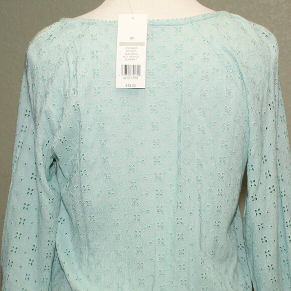New Directions Polished Women's Teal Eyelet Top Medium Rayon Cotton Ruffle Trim - Picture 2 of 9